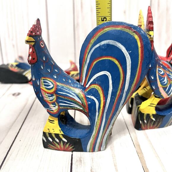 Set of 6 Vintage Hand Painted Rustic Folk Art Rooster Napkin Ring Holders - Picture 12 of 15